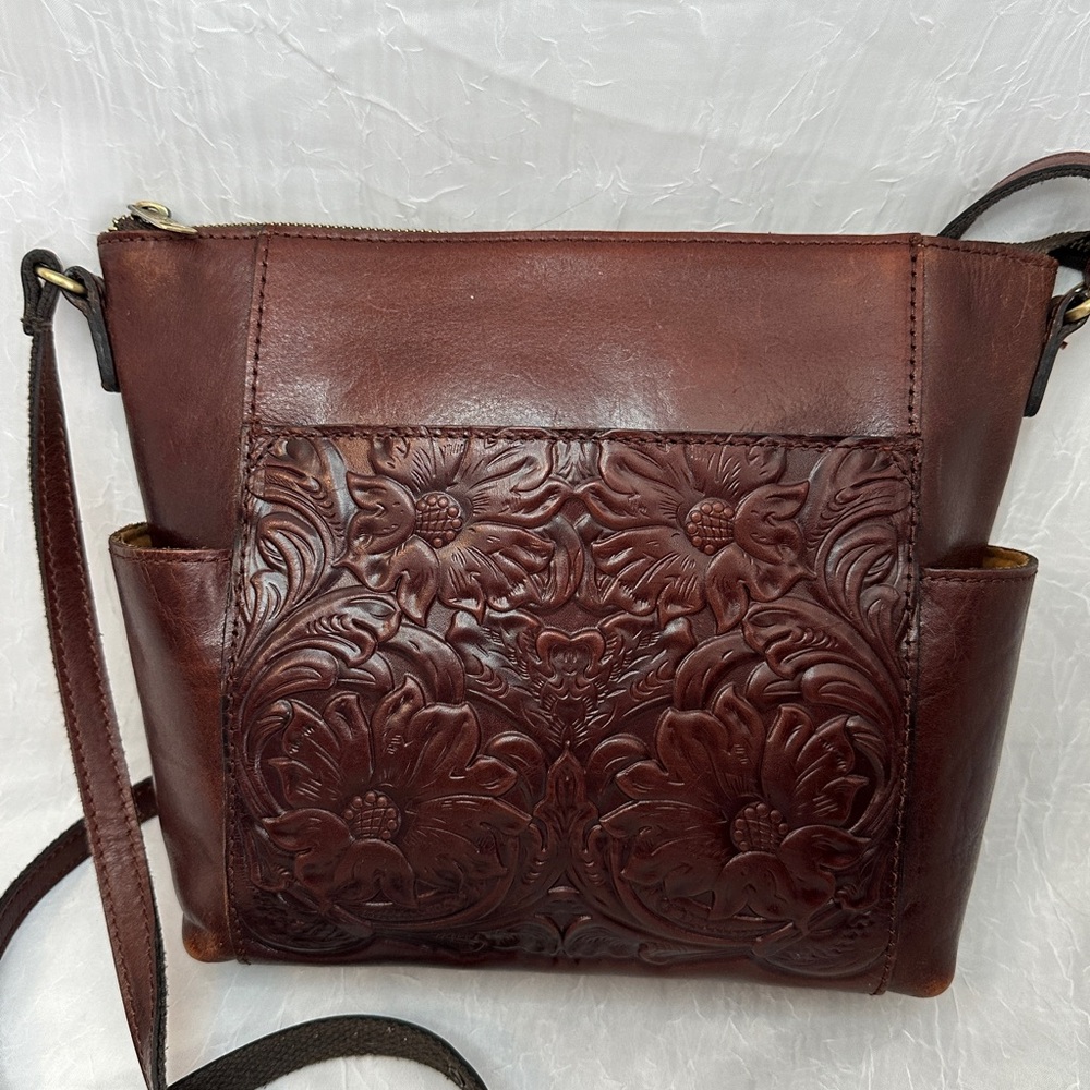 Patricia Nash Brown Leather Floral Embossed Shoulder/Crossbody Bag